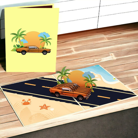 Classic Car On Beach Pop Up Card