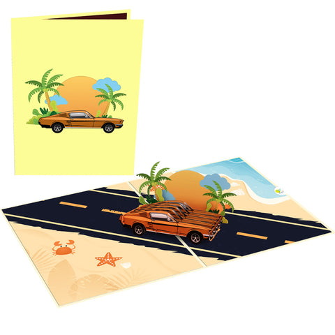 Classic Car On Beach Pop Up Card